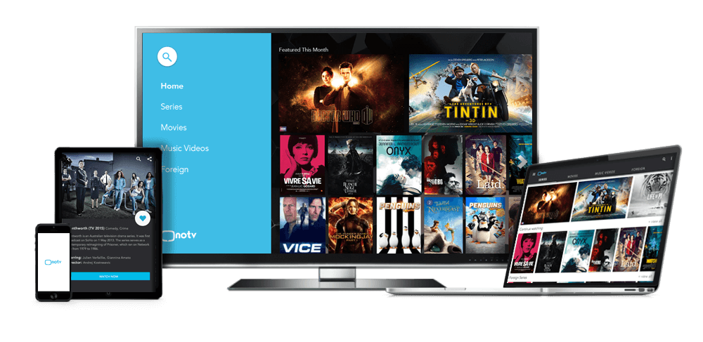 Imax IPTV running on a smart TV, tablet, phone and laptop